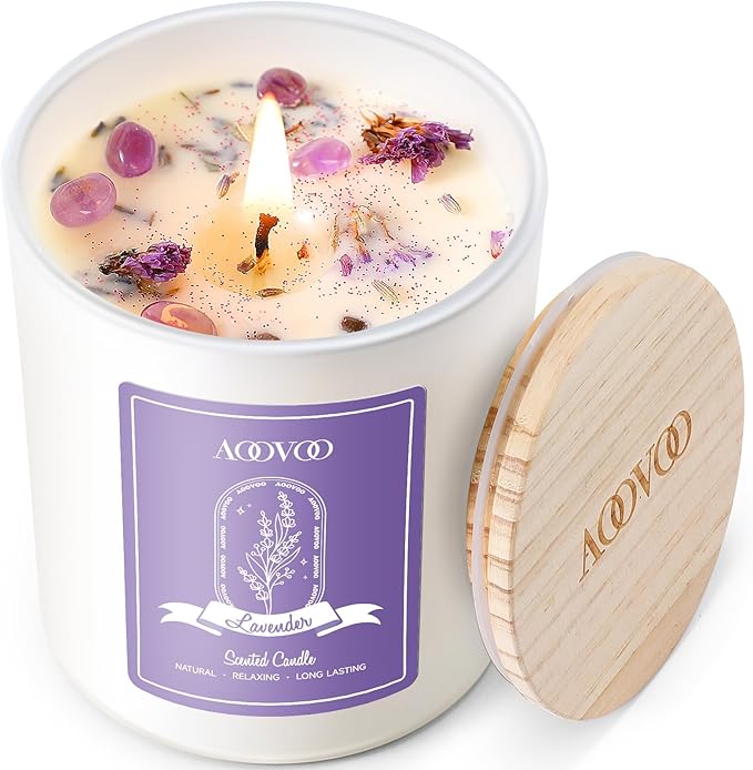 AOOVOO Lavender Scented Candles for Women - Aromatherapy Candle with Crystals Inside, 10oz Soy Candles for Home Scented, Birthday Gifts Christmas Candle for Women Mom