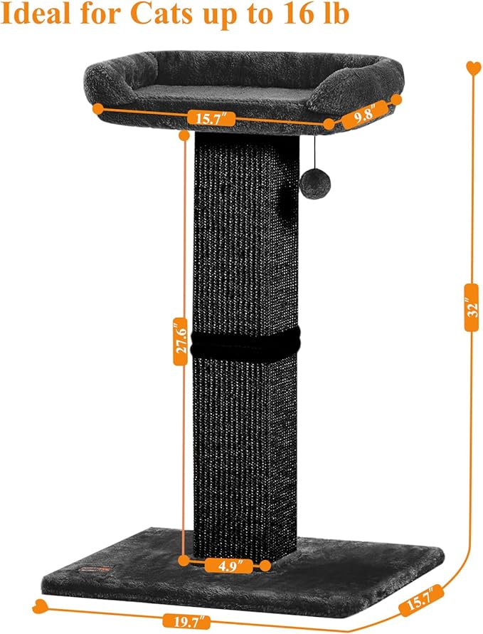32" Cat Scratching Post for Indoor Cats, Sisal Cat Scratcher with Plush Perch, Large Scratch Post with Bed, Removable Cover, Sisal Fabric,Black