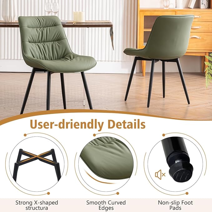 Kidol & Shellder Dining Chairs Set of 2, Modern Upholstered Faux Leather Kitchen Side Chairs with Comfortable Back - Mid-Century Armless Chair for Dining Living Room Bedrooms, with Metal Legs (Green)