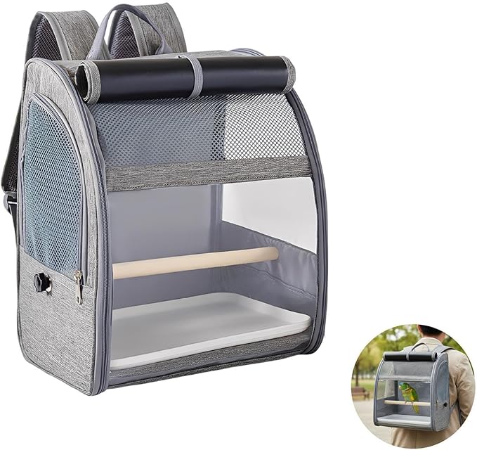 Bird Backpack Carrier, Gray Pet Travel Cage, Mesh Window, Large Space for Cockatiels and Pigeons, Portable with Removable Perch & Tray, 12.2 X 9.6 X 15 in