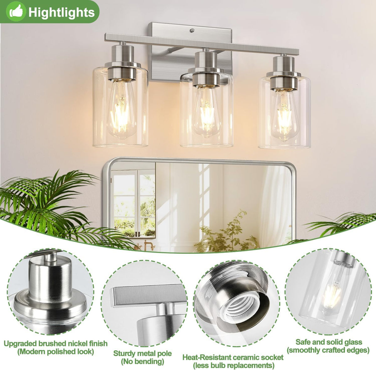 3-Light Bathroom Light Fixtures, Brushed Nickel Vanity Lights with Clear Glass Shades, Modern Bathroom Wall Lamp for Mirror Living Room Cabinet Bedroom Porch