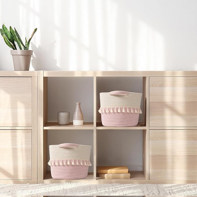 TeoKJ Storage Baskets 3 Packs, Storage Basket for toys,Towel, Storage Bins, Woven Basket for Shelves Bedroom Laundry Nursery, White & Pink