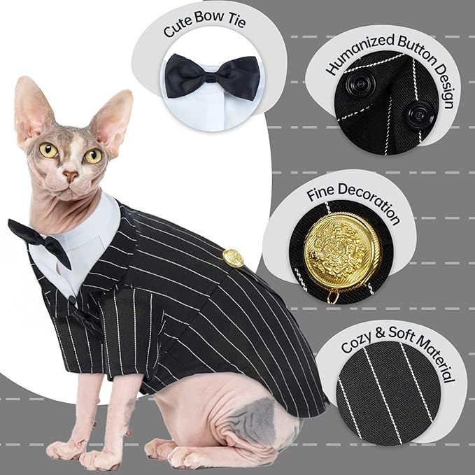 QBLEEV Cat Tuxedo Suit, Sphynx Cat Suit with Bow Tie, Cat Halloween Costumes, Kitten Formal Attire Wedding Birthday Onesie Clothes for Male Female Hairless Cats