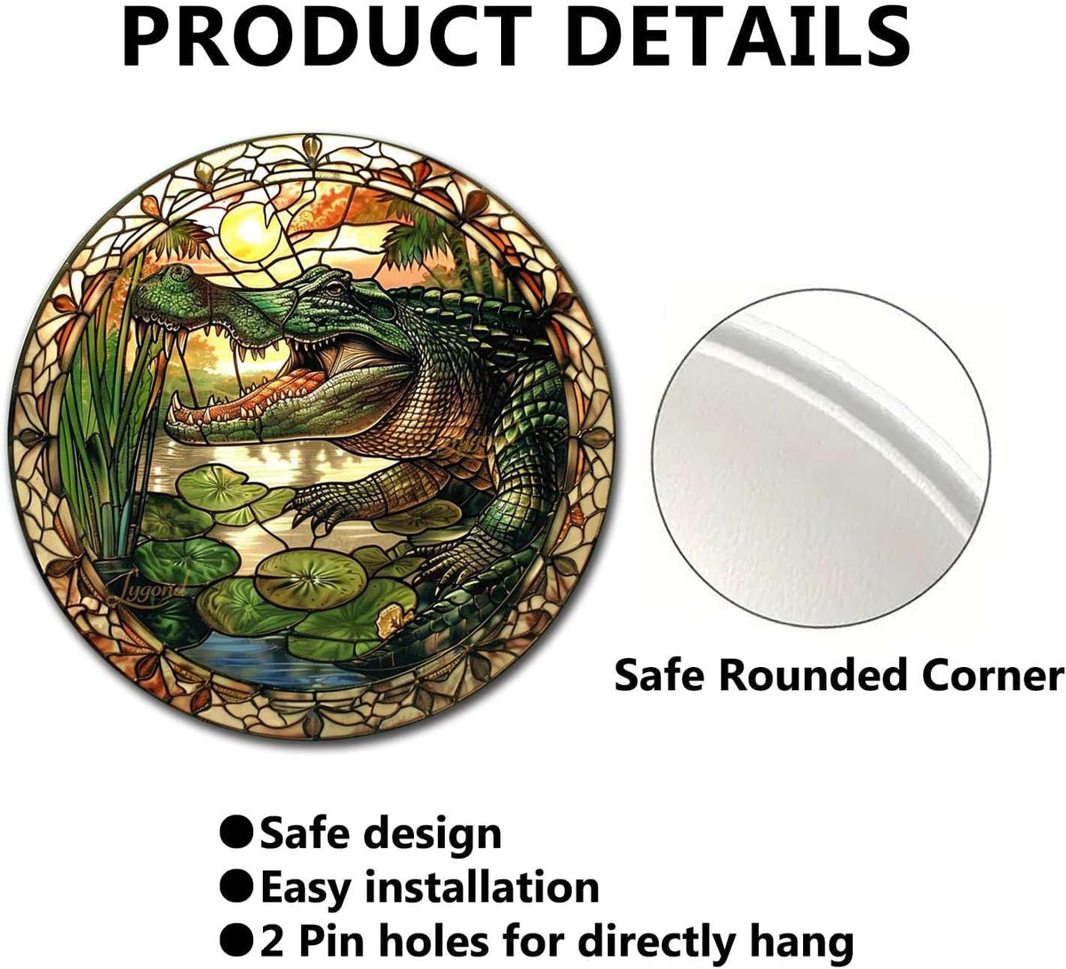 Lygond Metal Sign Tin Sign Circular Stained Glass Alligator Minimalist Wall Art for Home Decor 12×12 Inches