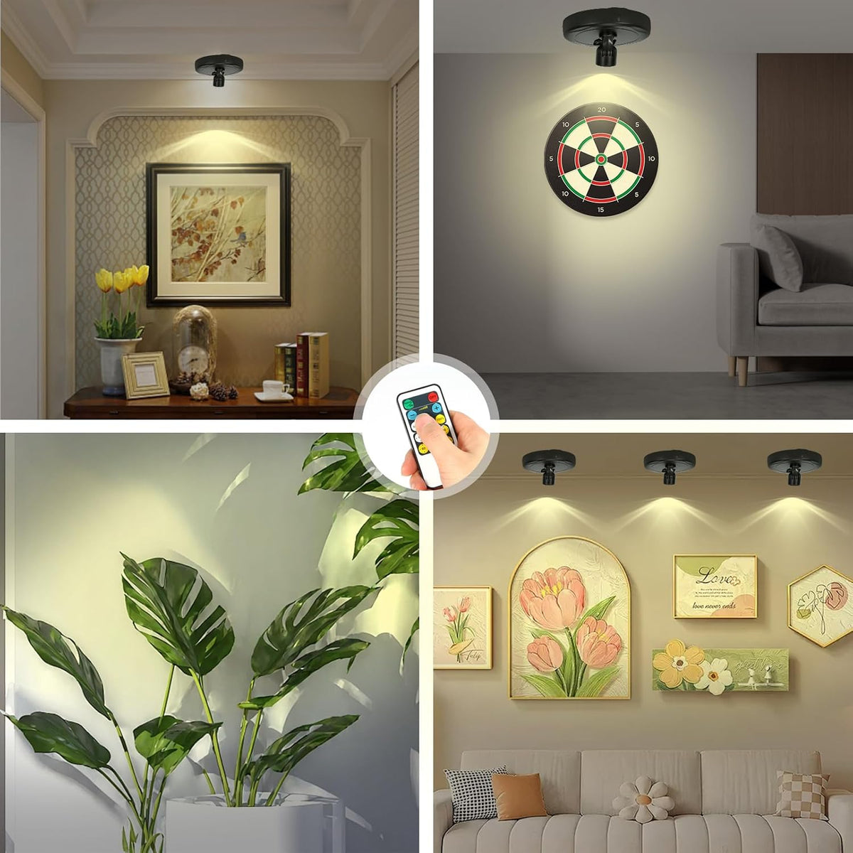 Cordless Spotlight Battery Operated, Indoor Plant Light, LED Display Puck Lights, Dimmable Accent Lighting with Remote, Uplight for Picture Tree Painting Gallery Dartboard Art Photo