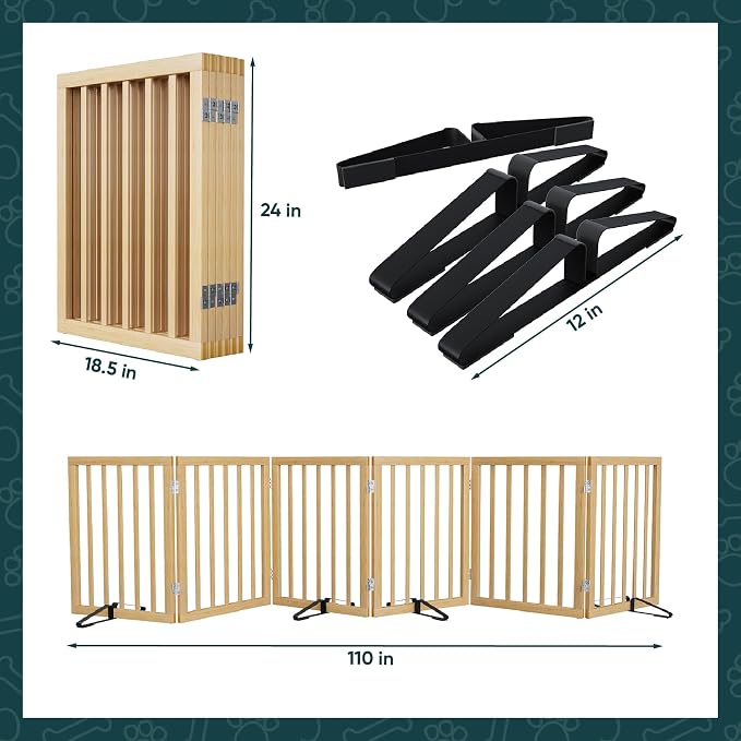 Semiocthome Bamboo Dog Gates for The House Extra Wide, 6-Panel Freestanding Pet Gates with 4PCS Metal Stands for Doorways and Stairs, 24“H Foldable Dog Fences Indoor, Expands Up to 9(ft) /110" (W)