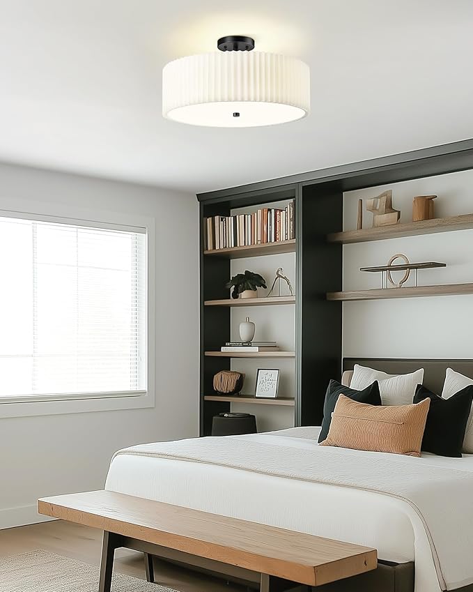 Semi Flush Mount Ceiling Lights, 4-Light 18" Matte Black Ceiling Light Fixture with White Pleated Fabric Shade, Drum Lamp for Nursery Hallway Bedroom Kitchen, AD-25036-4SF-BK