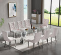 Goujxcy 70" Glass Dining Table Set for 8, Modern Silver Dining Table Set with 8 Beige Velvet Upholstered Dining Chairs, 9 Piece Kitchen Dining Room Table Set with Stainless Steel Legs