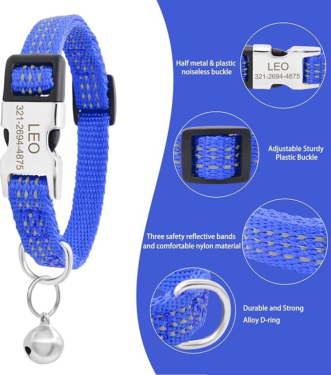 Personalized Reflective Nylon Cat Collar with Name Phone,Custom Engraved Buckle Cat Collar with Bell,Adjustable for Small Dogs Puppy Kitten (Navy Blue,fit 7.5''-12.0'')