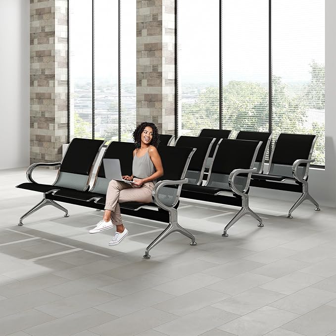 Kinfant 3-Seat Waiting Room Bench Set - PU Leather Office Chair Guest Reception Waiting Room Chair for Airport, Hospital, Bank, Salon, Barbershop, Black(Set of 3)