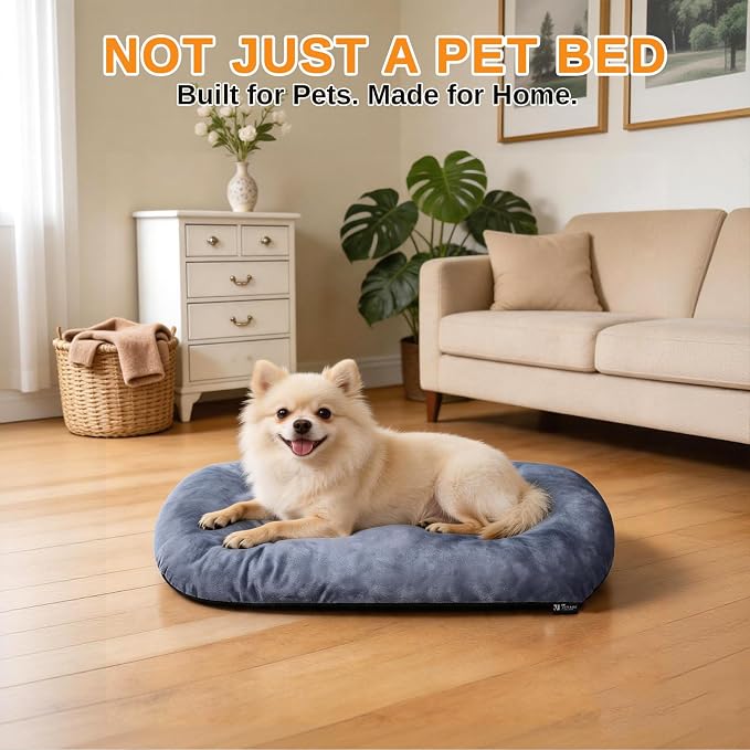 Washable Oval X-Large Dog Bed, Silver-Tipped High-Resilience, Dusty Blue | Non-Slip Bottom Prevents Sliding, Soft Plush Short Fur, Machine Washable, Ideal for Crates/Apartments/Cozy Nooks,41"x27"x3.6"