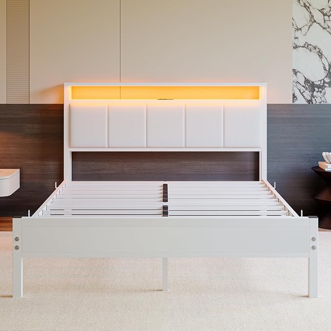 Queen Bed Frame with Headboard Storage,Upholstered Platform Bed Frame Queen Size with Charging Station and LED Lights No Box Spring Needed,Heavy Duty Steel Slats,Noise Free,White