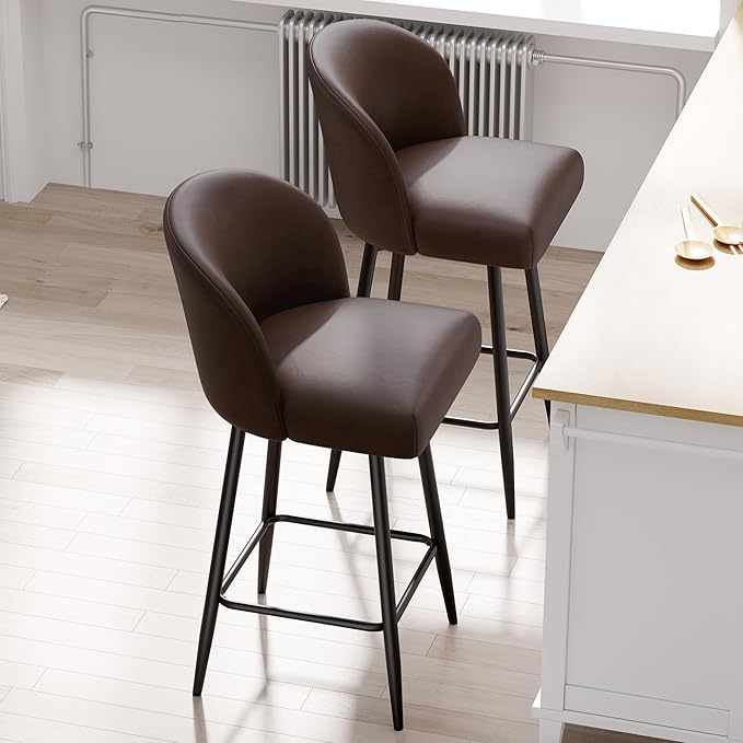 Counter Height Bar Stools Set of 4,360° Swivel Barstools with High Back and Metal Legs,26" Seat Height, Upholstered PU Leather Bar Chairs for Kitchen Island, Dining Room,Cafes,Black Brown