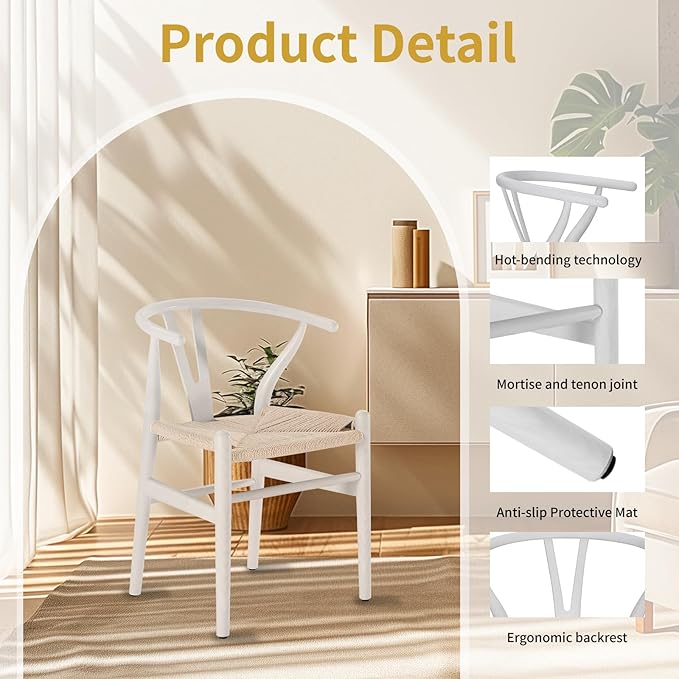 Wishbone Chair Natural Solid Wood Dining Chair/Hans Wegner Y Chair Rattan and Wood Accent Armrest Chairs Set of 2 (Ash Wood - White)