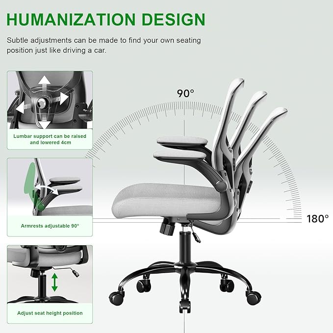 Ergonomic Office Chair-High Back Desk Chair, Adjustable Lumbar Support, Flip-Up Arms, 90-120° Tilt Lock, Breathable Mesh Back Rolling Work Chair for Man Woman(Grey)