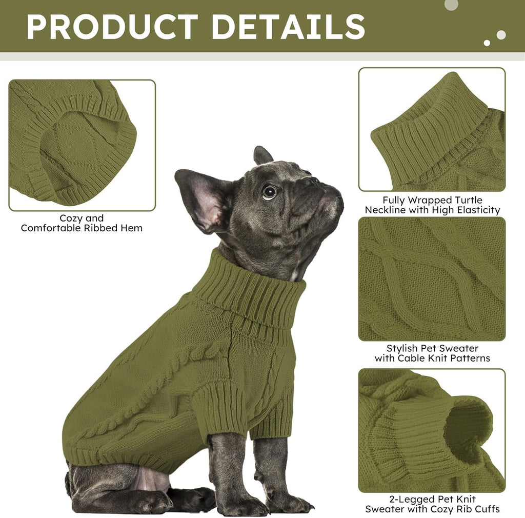 Queenmore Small Dog Pullover Sweater, Cold Weather Cable Knitwear, Classic Turtleneck Thick Warm Clothes for Chihuahua, Bulldog, Dachshund, Pugl,OliveGreen,M