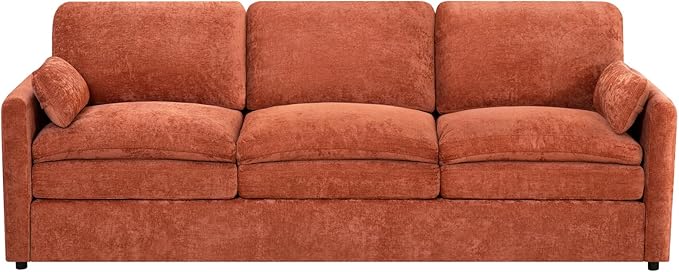 89" Chenille 3 Seats Sofa with 2 Pillows, Modern Upholstered Sofa with Deeper Seats, Comfy Sofa with Thickened Cushions for Living Room, Apartment, Orange