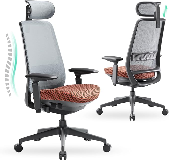 COLAMY Ergonomic Office Chair, Mesh Desk Chair with High Back, Lumbar Support, Adjustable Headrest and 4D Arms, Slide Seat, Tilt Lock-Coral