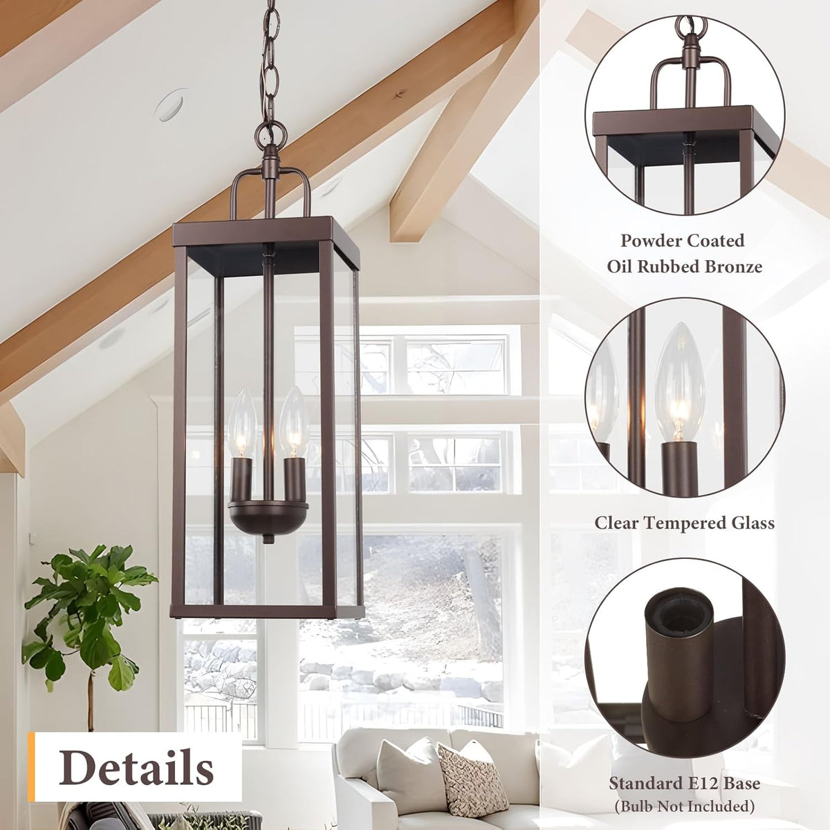 Large Outdoor Pendant Lantern Light Fixture for Front Porch, 20 Inch 2-Light Bronze Exterior Hanging Chandelier with Clear Glass, Outdoor Indoor Pendant Lamp for Patio, Gazebo, RZ008M-H ORB