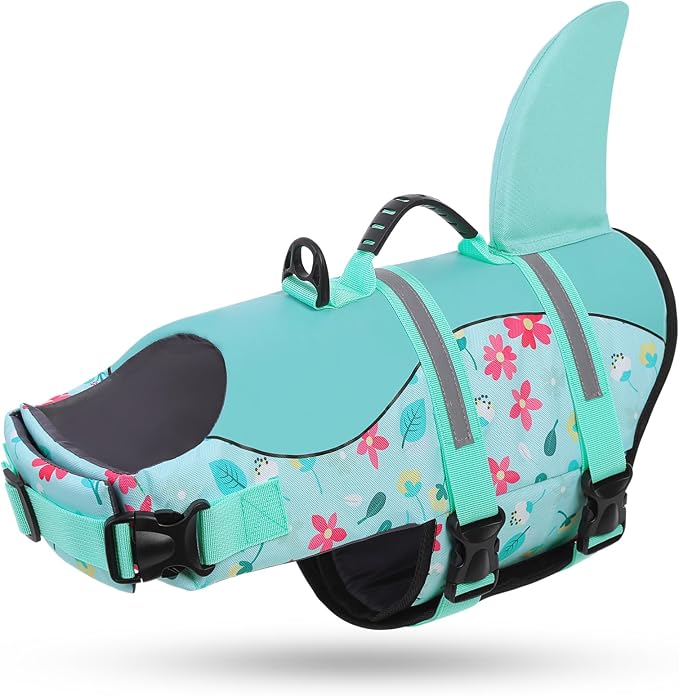 Dog Life Jacket, Dog Life Vest for Swimming, High Buoyancy Shark Swimming Safety Vest for Extra Large Dogs, Reflective Pet Lifesaver Preserver with Rescue Handle, Blue Flower 2XL