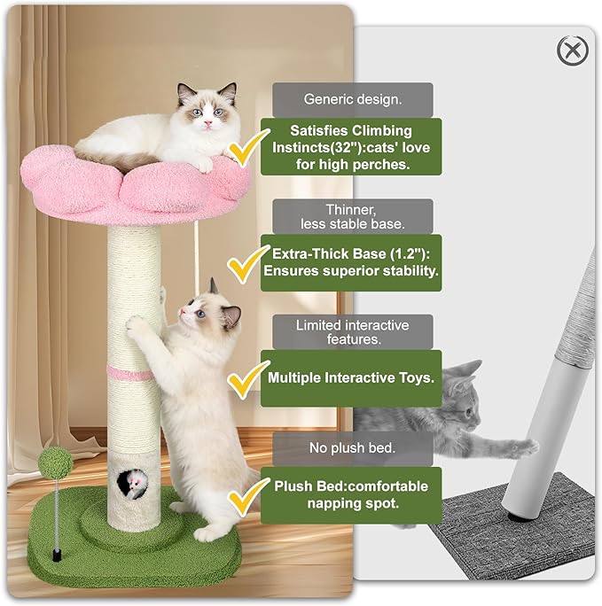 Tall Cat Scratching Post for Indoor Cats Adults, Cat Scratch Post with Sisal Rope Claw Scratcher, Solid Wood Cat Tower with Scratching Post and Cat Toys Mouse Hole, Flower Small Cat Tree (Pink Flower)