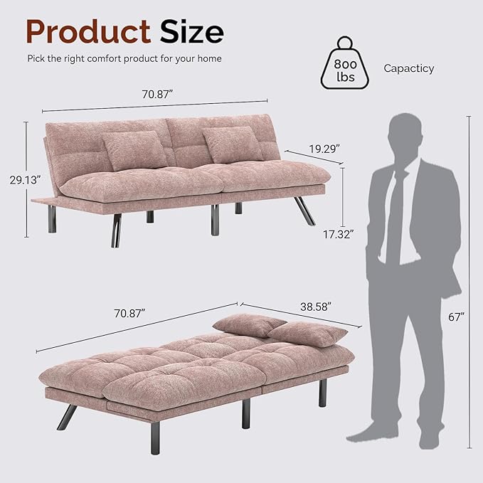 Futon Sofa Bed Convertible 70 inch Solid Wood Couch for Living Room, Chenille Fabric, 2 Cushions (Pink)