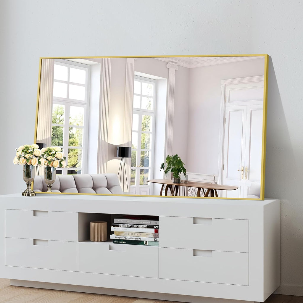 Gold Bathroom Mirror for Wall, 60x36 Inch Rectangle Mirrors with Metal Frame, Modern Vanity Wall Mirror Decor for Bathroom Living Room, Entryway Hangs Horizontal or Vertical