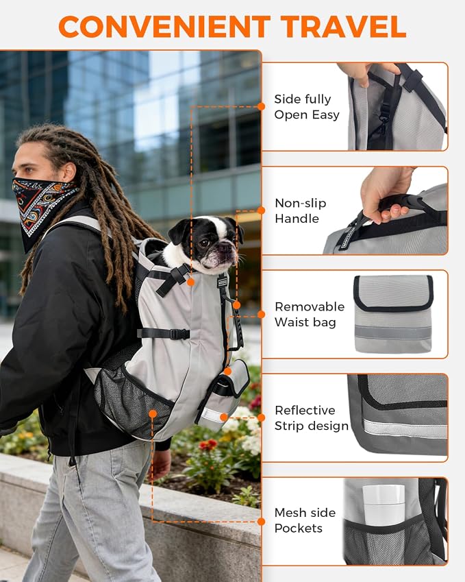 Waterproof Dog Backpack Carrier for Small Dogs Under 24 lb, Grey | 4-Layer Protection, Adjustable Dog Hiking Backpack with Storage Pockets, Reflective Strips, Non-Slip Handle for Travel