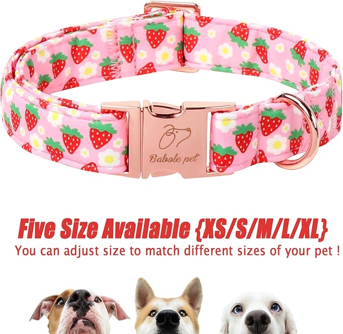 Strawberry Dog Collar for Giant Large Dogs - Adjustable Spring Summer Pink Girl Dog Collars, Cute Girly Female Pet Collar with Metal Buckle XL