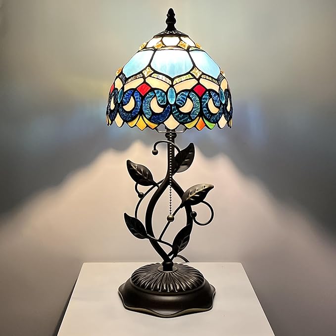 Small Tiffany Lamp Sea Blue Jewelry Baroque Style Stained Glass Table Lamps Desk Bedside Reading Light 8X8X18 Inches with Bronze Metal Leaf Resin Base