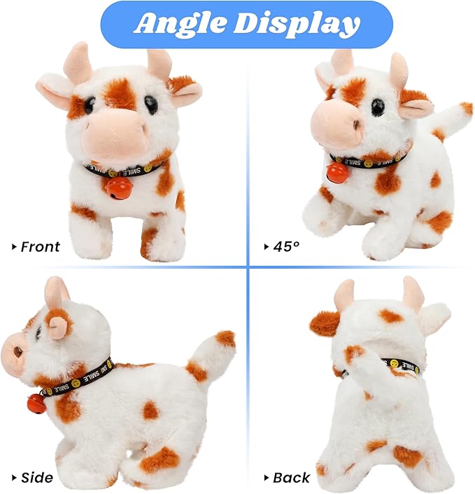 Hopearl Walking Cow Interactive Electronic Pet Plush Diary Cattle Toy with Sounds and Movements MOO Nodding Head Wag Tail Animated Gift for Toddlers Birthday, Brown, 7''