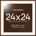 Homeforia 24x24 Picture Frame Brown, High End Dark Oak 24 x 24 Square Wood Frame with Mat 20 x 20 for Photo, 24by24 Wooden Walnut Poster Frame Matted to 20x20 Print, Tempered Glass, Wall Kit, Set of 1