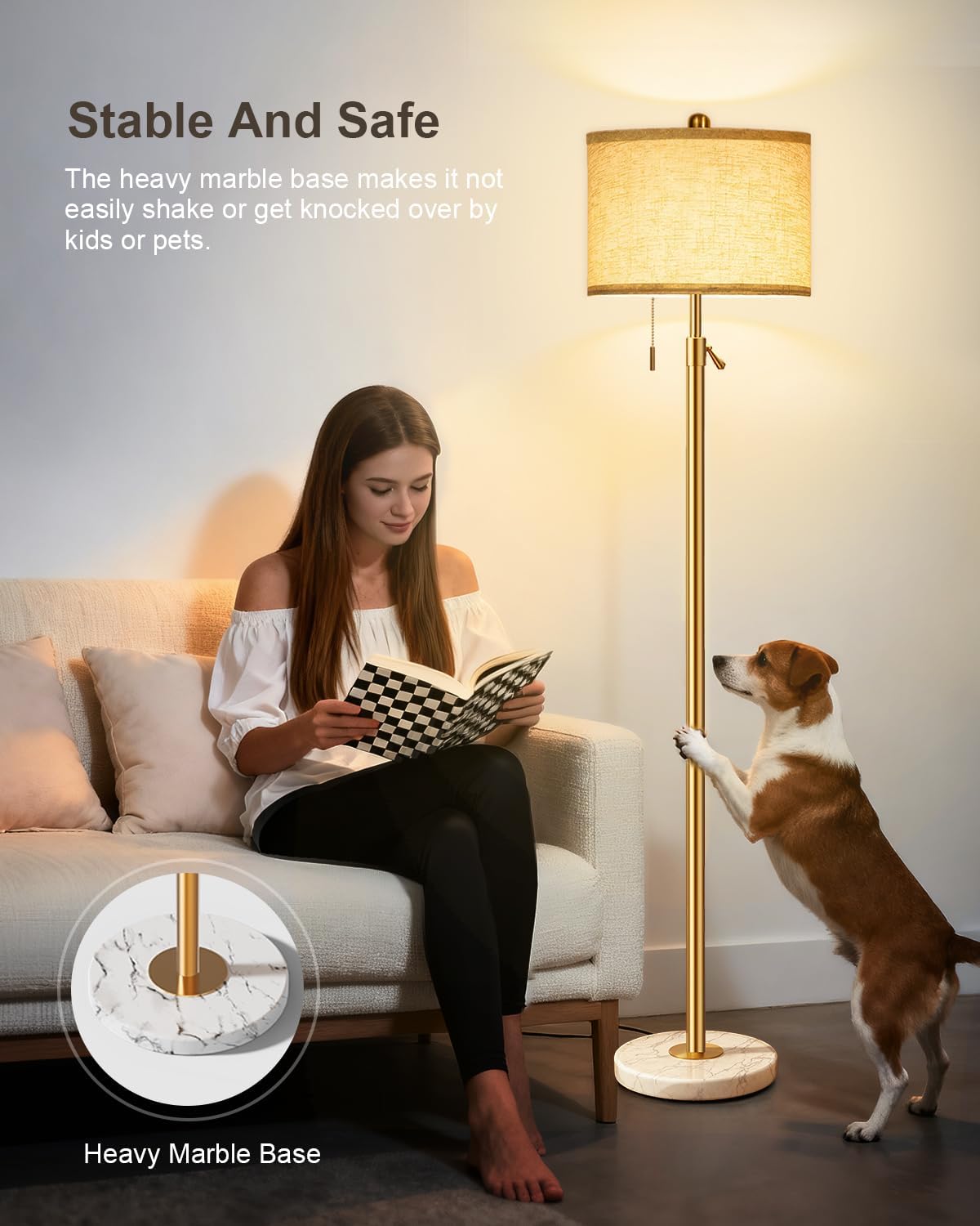 Modern Gold Floor Lamp for Living Room - Adjustable Height Standing Lamp with Marble Base & Linen Shade, 3-Way Dimmable Tall Floor Light for Bedroom, Reading, Bulb Included