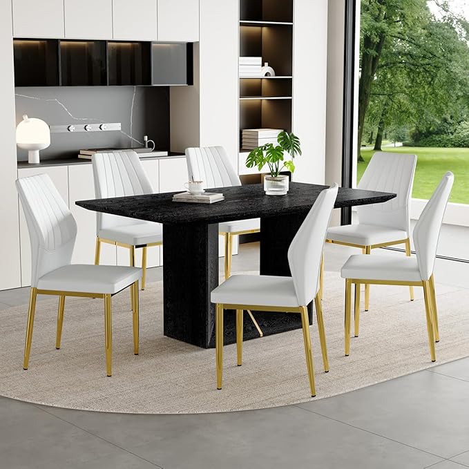 63" Modern Black Dining Table Set for 6 with Chairs, 7 Piece Rectangular Dining Room Table and 6 PU Leather Chairs, Kitchen Dining Set with Matte Wood Finish, Geometric Base, Easy Assembly