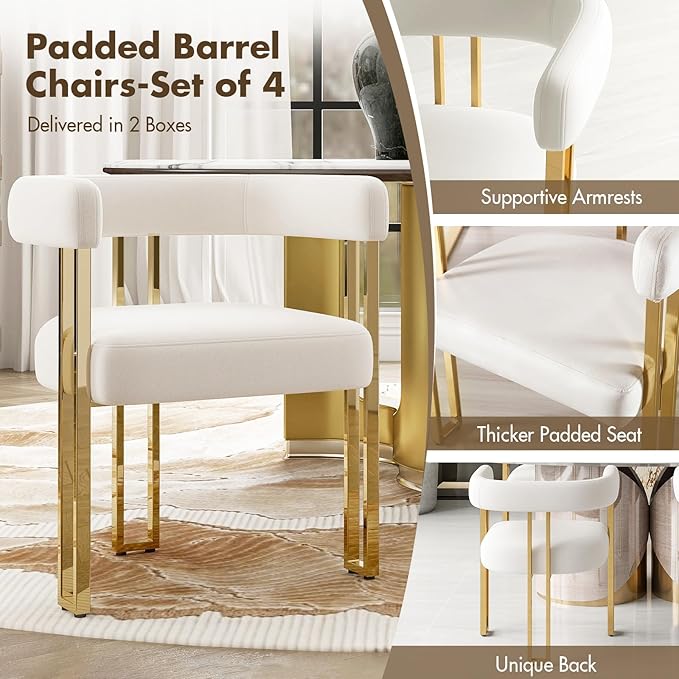 Set of 4 Beige and Gold Modern Dining Chairs, Velvet Upholstered Barrel Armchairs with Metal Legs for Kitchen Island, Mid Century Accent Chairs for Dining Room Living Room, Open-Back