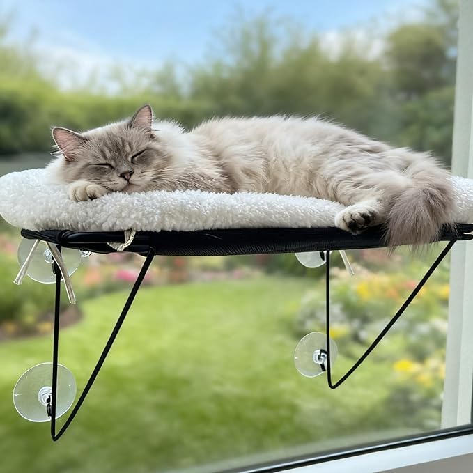 Cat Window Perch, Cordless Cat Hammock Window Seat with Sturdy Metal Frame Supports and 4 Strong Suction Cups (White, Short Hair)