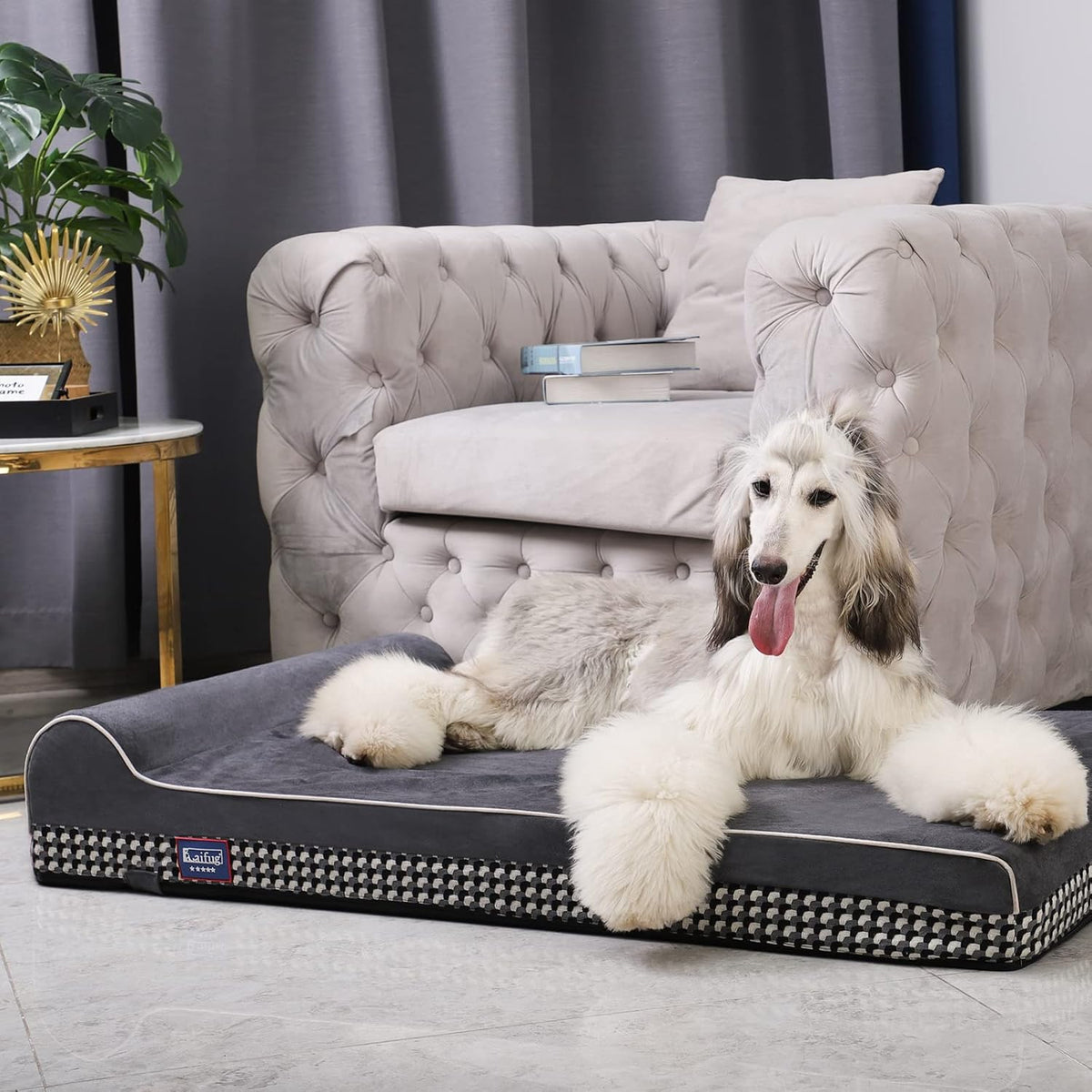 Laifug Orthopedic Memory Foam Extra Large Dog Bed with Pillow and Durable Water Proof Liner & Removable Washable Cover & Smart Design (Large (46"x28"x8"), Black and White Plaid)