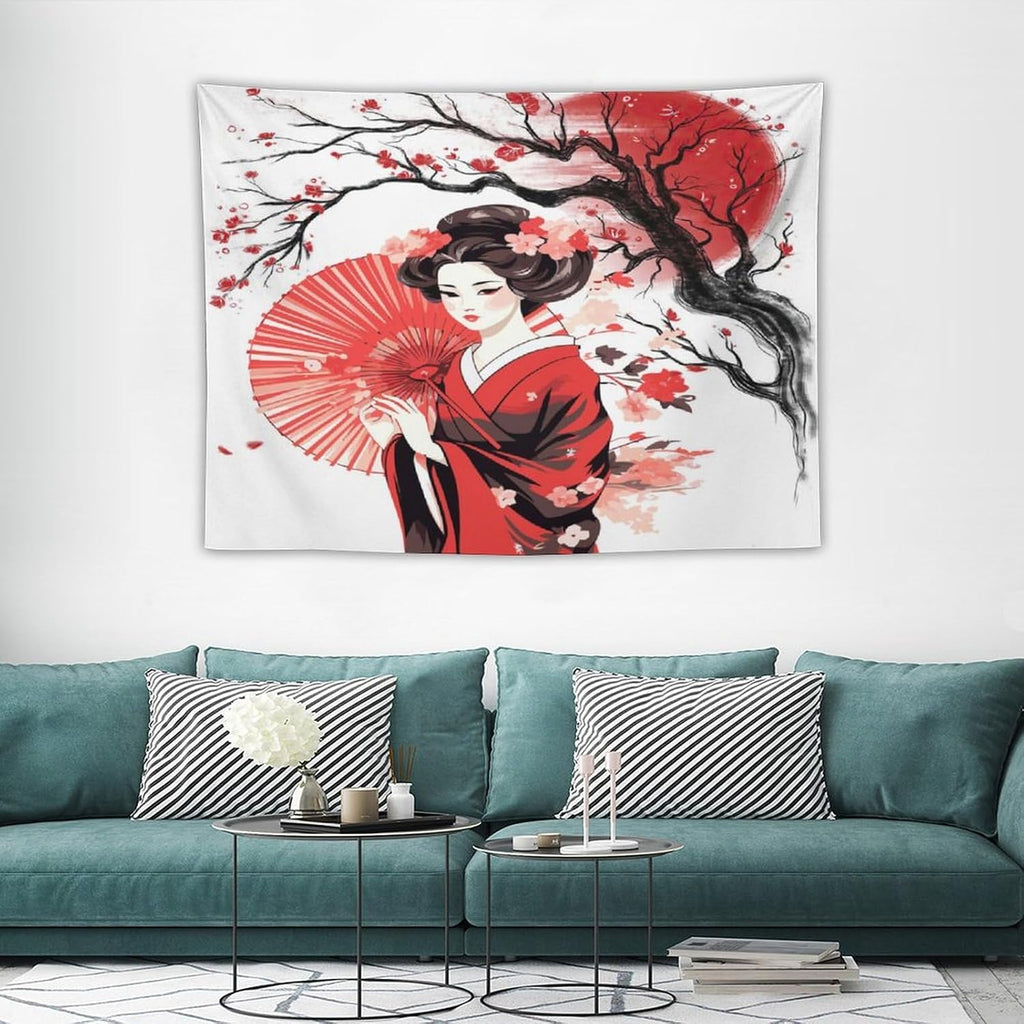 Japanese Red Geisha Tapestry Asian Cherry Blossom Traditional Kimono Folk Tapestries Home Decor for Living Room Bedroom Apartment Farmhouse Dorm 40"x30"