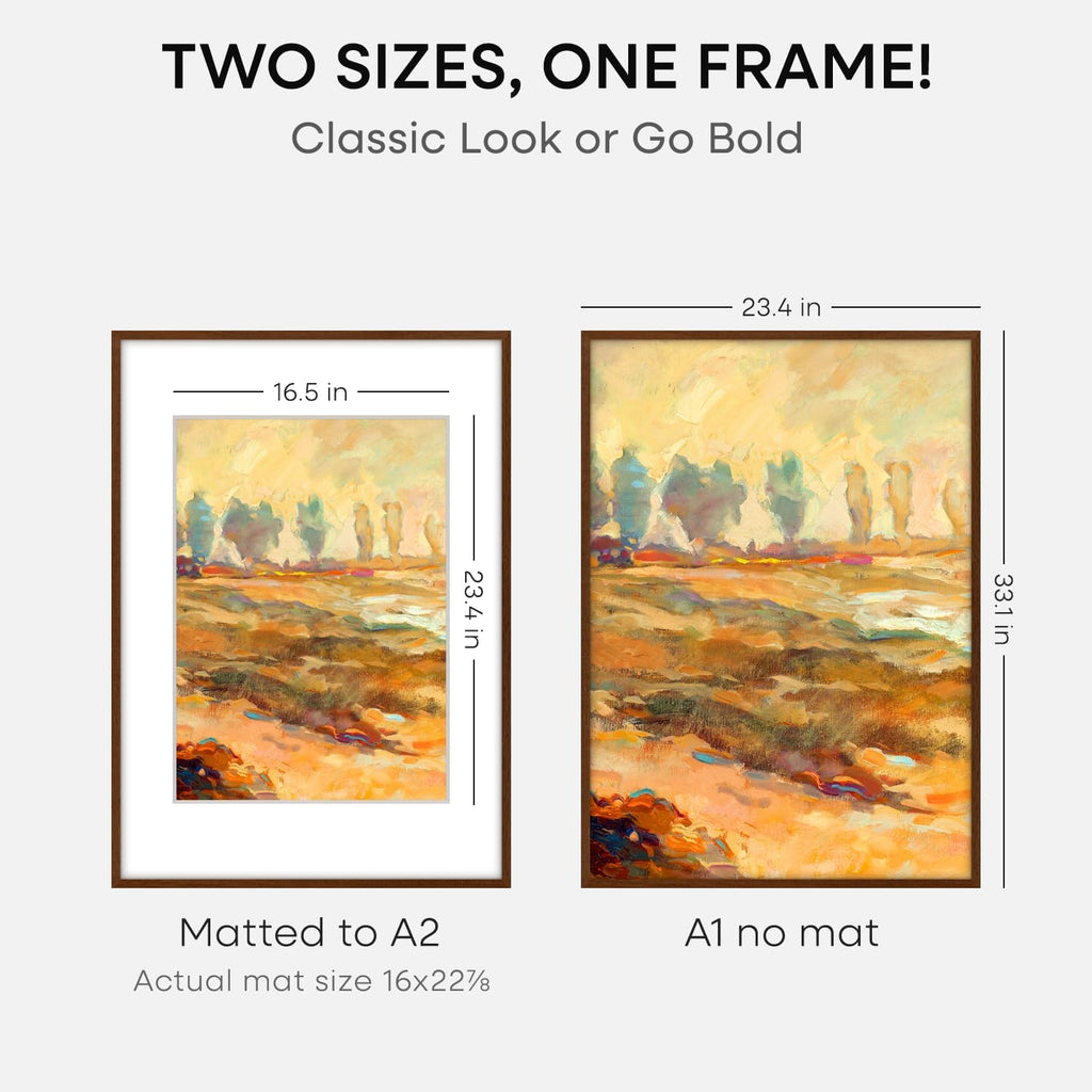Homeforia A1 Poster Frame Brown, High End Dark Oak 23.4 x 33.1 Wooden Picture Frames Matted to 16.5 by 23.4 Photo, A1 Walnut Wood Frame with Mat A2, 23.4x33.1 Frame, Tempered Glass, Wall Kit, Set of 1