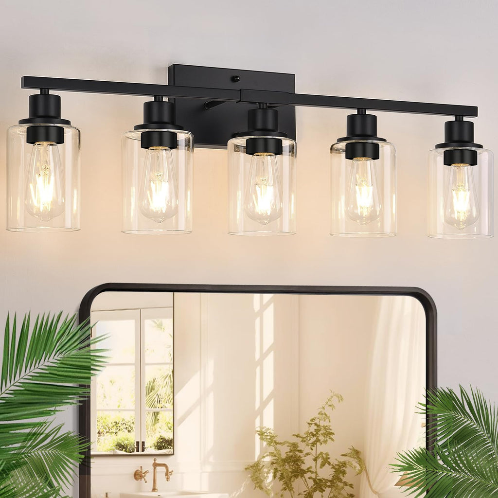 5-Light Bathroom Light Fixtures, Matte Black Modern Vanity Lights with Clear Glass Shades, Bathroom Vanity Light for Mirror Living Room Cabinet Bedroom Porch