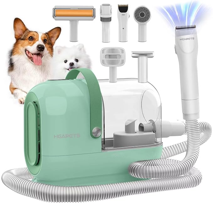 HEAPETS Dog Grooming Vacuum Kit - 3L Vacuum with 7 Tools, Low Noise Electric Clipper and Brush for Pet Shedding at Home, Green