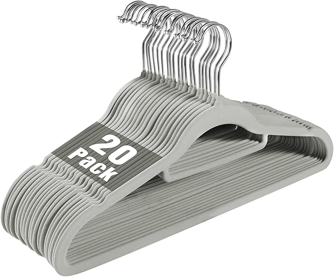 20 Pack of Grey Velvet Non-Slip Suit Hangers with 360°Swivel Hook - Heavy Duty, Space Saving, and Perfect for Adult Clothing.