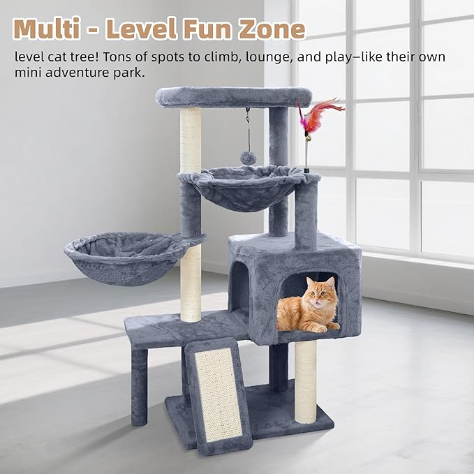Cat Tree with Cat Condo and Two Hammocks, Cat Tree with Scratching Posts and Scratching Pads, Cat Tower for Indoor Cats, Activity Centre Climbing Tree with Playful Toy Balls, Grey