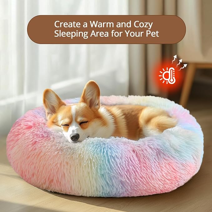 JOLLYVOGUE Calming Dog Bed for Small Dogs - 23 inches Donut Washable Small Dog Bed for Kittens & Puppies, Anti-Slip Round Fluffy Plush Faux Fur Cat Beds (Fits up to 25 lbs Pets, Rainbow)