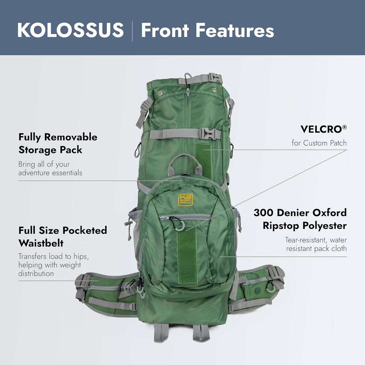 K9 Sport Sack Kolossus - Large, Myrtle Green - The Big Dog Backpack - Ideal for Dogs 20-22” Long - Fully Adjustable Pet Carrier - Doubles as a Professional-Grade 60L Hiking Pack