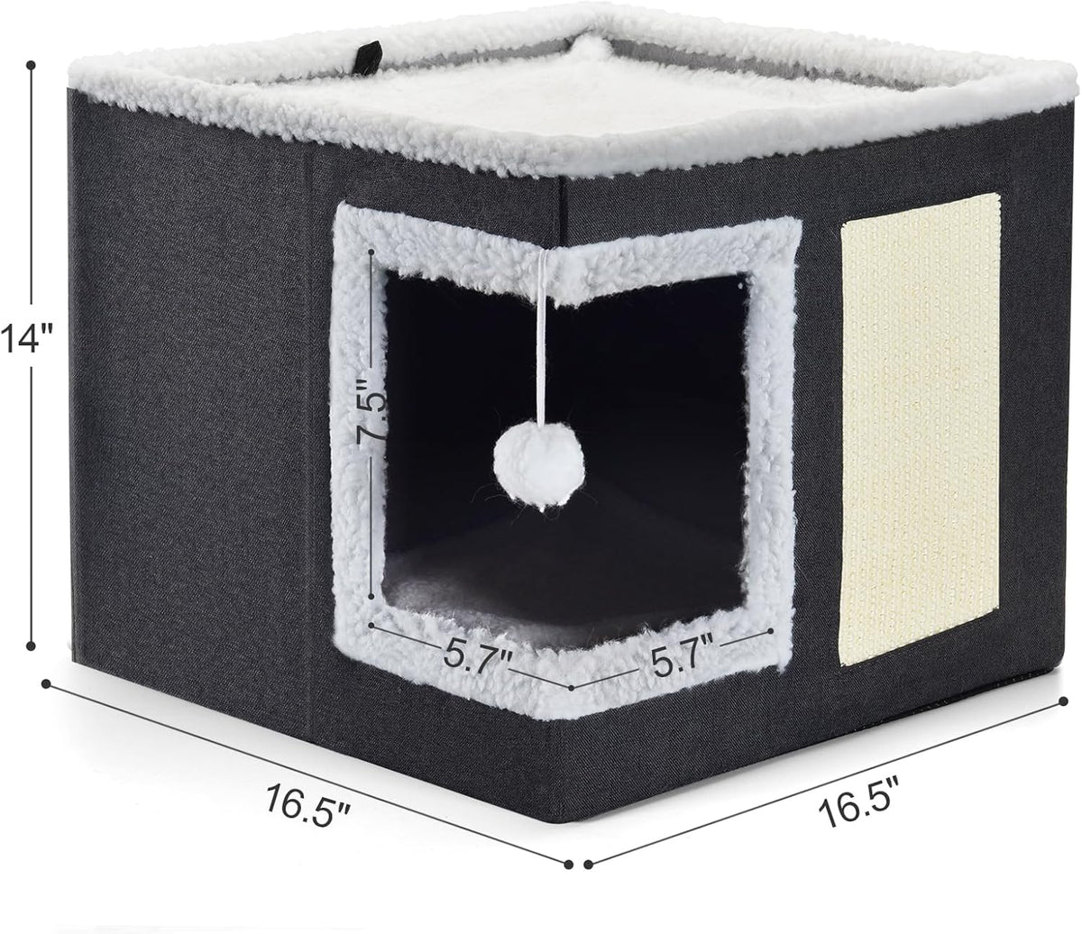 petizer Cat Bed for Indoor Cats, Large Covered Cat House with Scratch Pad, Foldable Cat Cave Bed & Hideaway Cube with Reversible Cushions, Cute Cat Condo for Multi Small Pet Kitten (Blue)