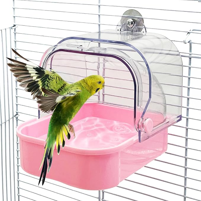 Tfwadmx Bird Cage Bath Hanging Parrot Bath Tub Water Shower Food Feeder Holder Tray Bird Bath Supplies for Small Birds Canary Budgies Cockatiel Lovebirds (Pink)