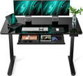 Marsail Glass Electric Standing Desk with Drawer, 48 x 24 Inches Height-Adjustable Desk, One-Piece Tempered Glass Top, Ergonomic Home Office Sit Stand Desk with 4 Preset Heights, Black