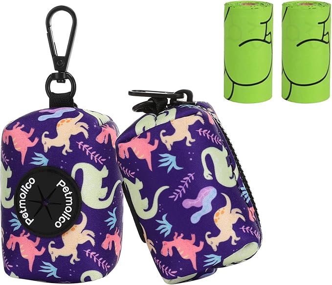 Attachment,Waste Bag Dispenser Zippered Pouch, Fits Any Leash, Includes Free Roll of Dog Bags, Poop Bag Dispenser - 2 Packs, Little Dinosaurs