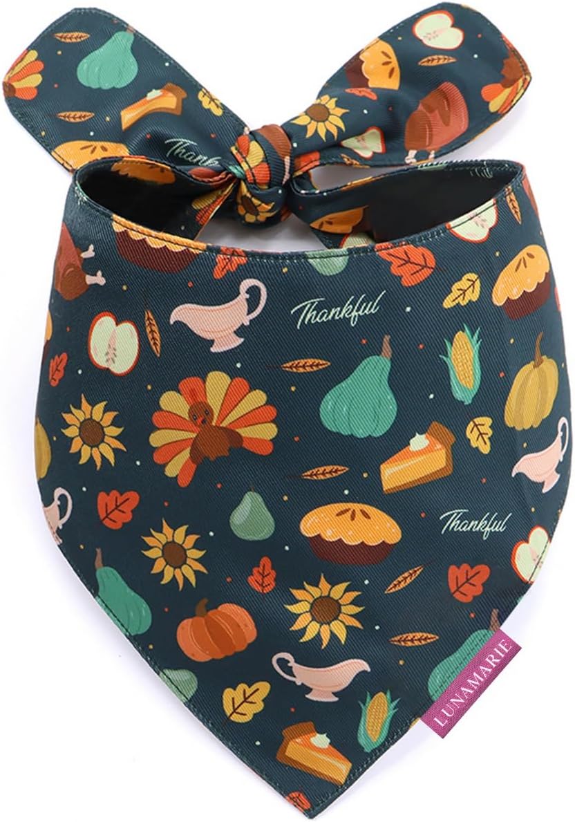 LunaMarie - Luxury Pet Birthday Bandanas -Premium & Silky Poly Fabric | 100% Handmade | Custom Shape Dual Layered (Thanksgiving, Small)